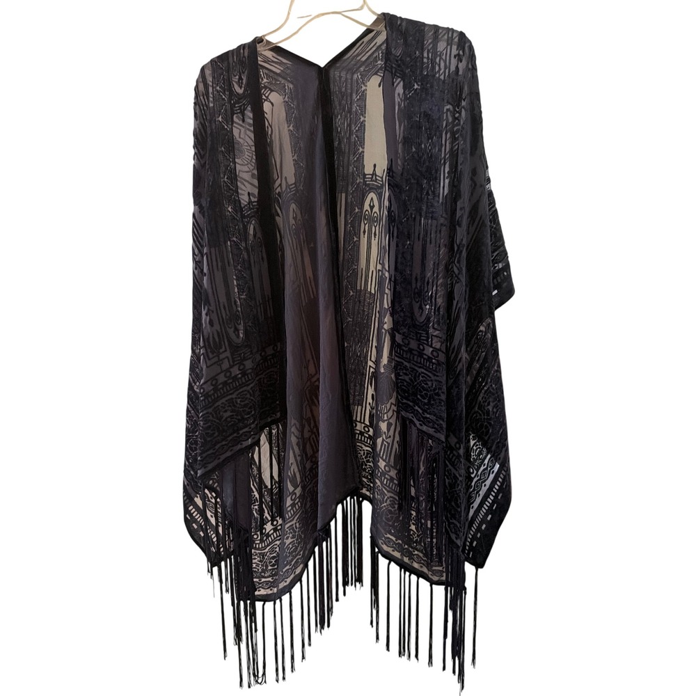 Lovestitch Kimono Navy Blue Burnout Velvet Fringe Wrap One Size Boho Festival